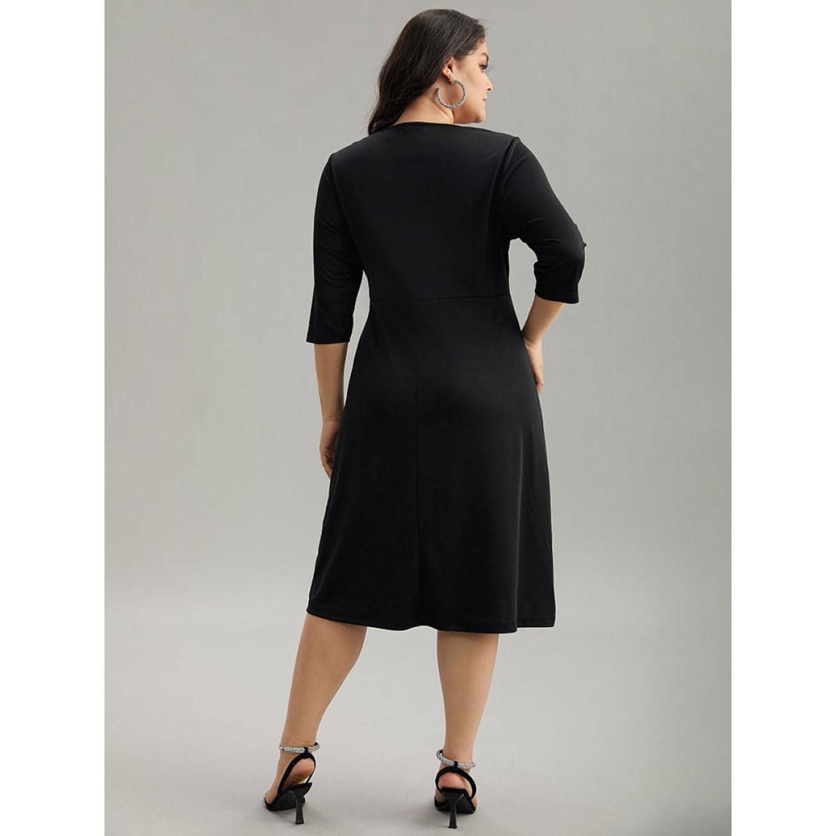 Plus Size Round Neck Sequin Pearl Beaded Dress Black Women Glamour Beaded Round Neck Elbow-length sleeve Curvy Midi Dress BloomChic 10/M Product Image