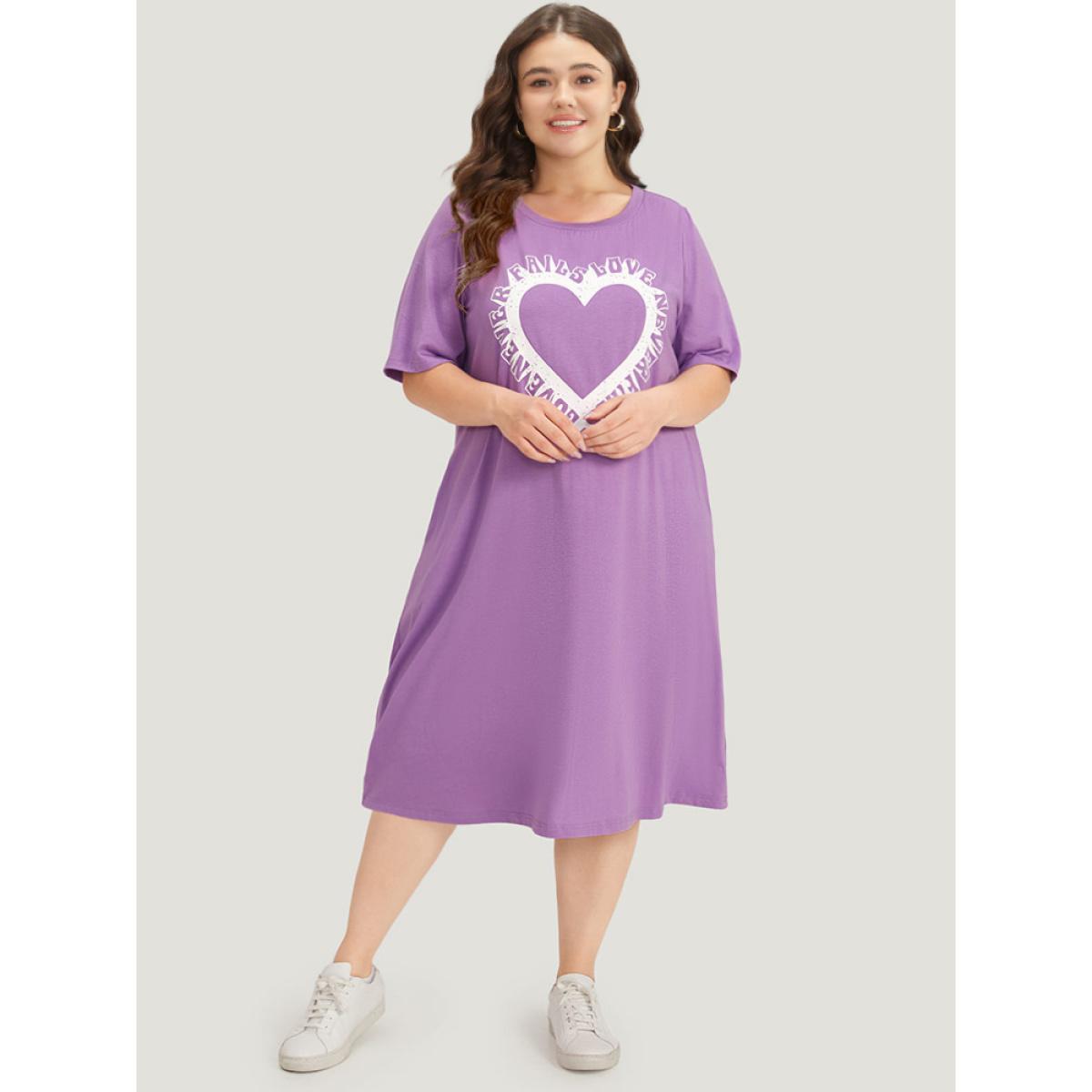 Plus Size Supersoft Essentials Heart Print Pocket Crew Neck Dress Lilac Women Casual Printed Curvy Midi Dress BloomChic 28/5X Product Image
