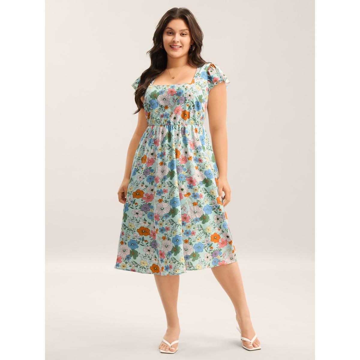 Plus Size Floral Print Flutter Sleeve Pockets Midi Dress LightBlue Women Square Neck Cap Sleeve Curvy BloomChic 10/M Product Image