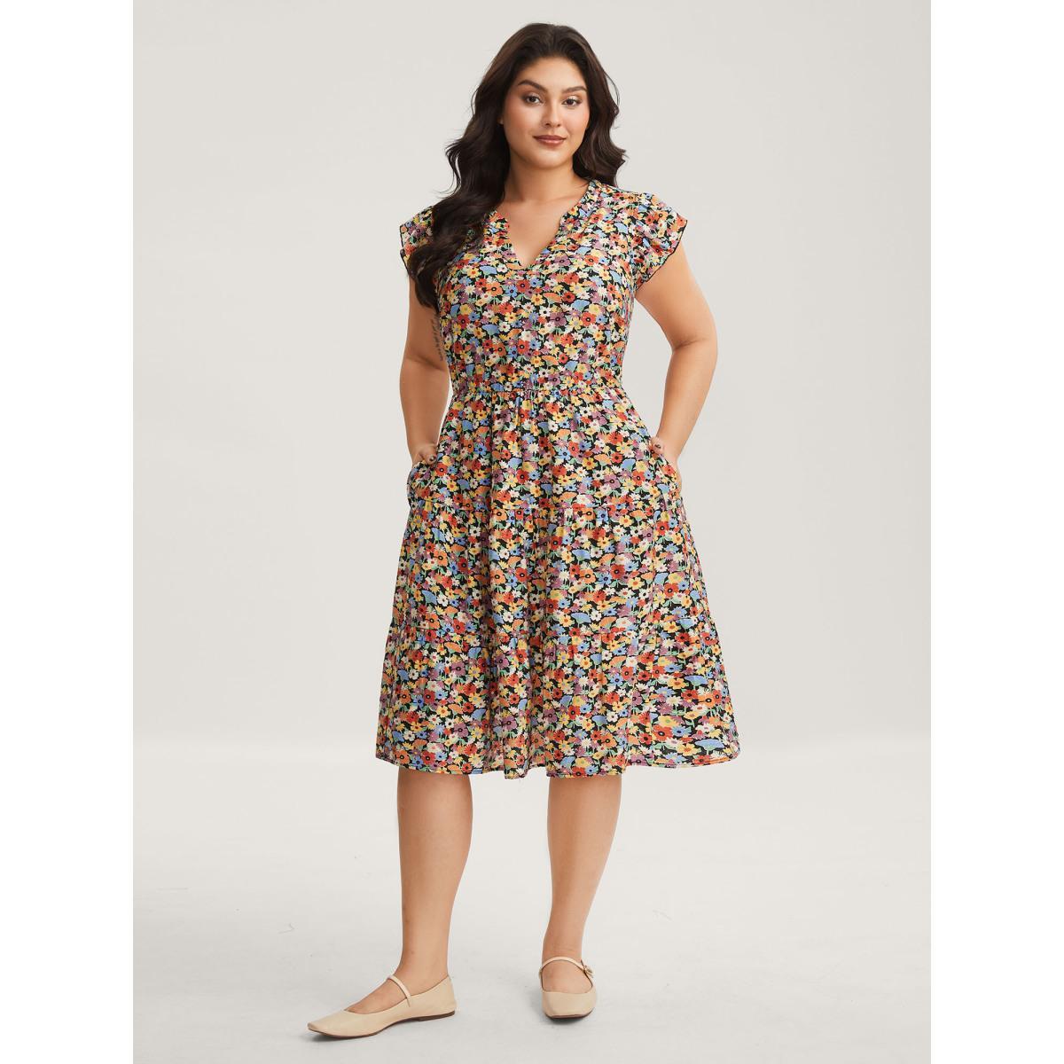 Plus Size Rayon Colorful Floral Print Tiered Pockets Midi Dress Multicolor Women Notched collar Cap Sleeve Curvy BloomChic 22-24/3X Product Image