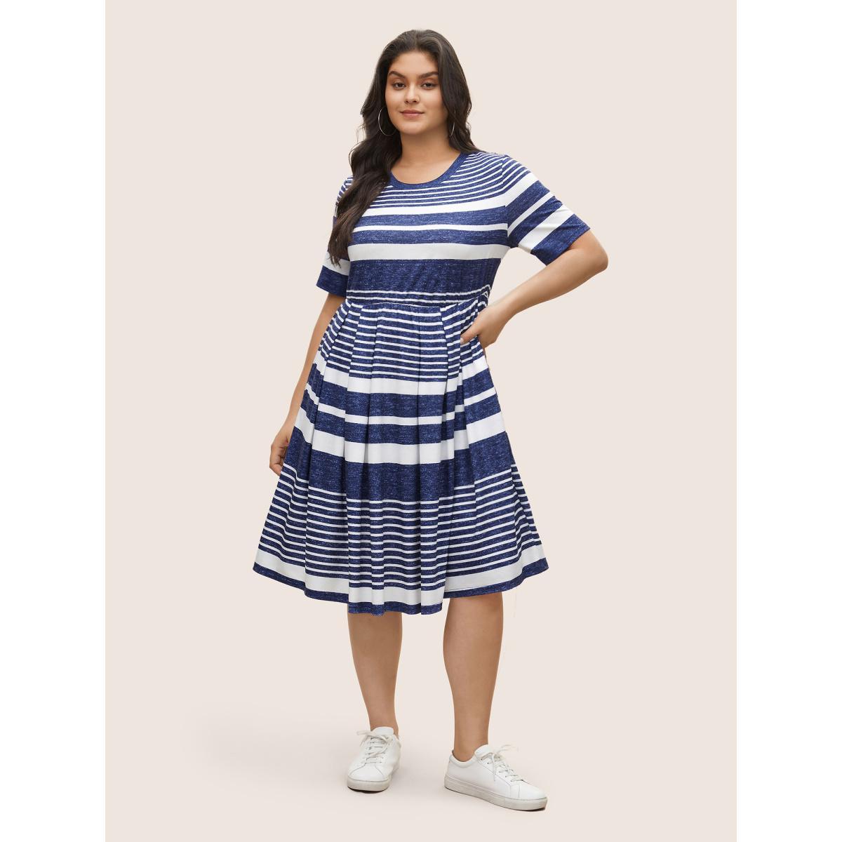 Plus Size Striped Plicated Detail Pocket Elastic Waist Dress DarkBlue Women Casual Non Round Neck Short sleeve Curvy Midi Dress BloomChic 18-20/2X Product Image