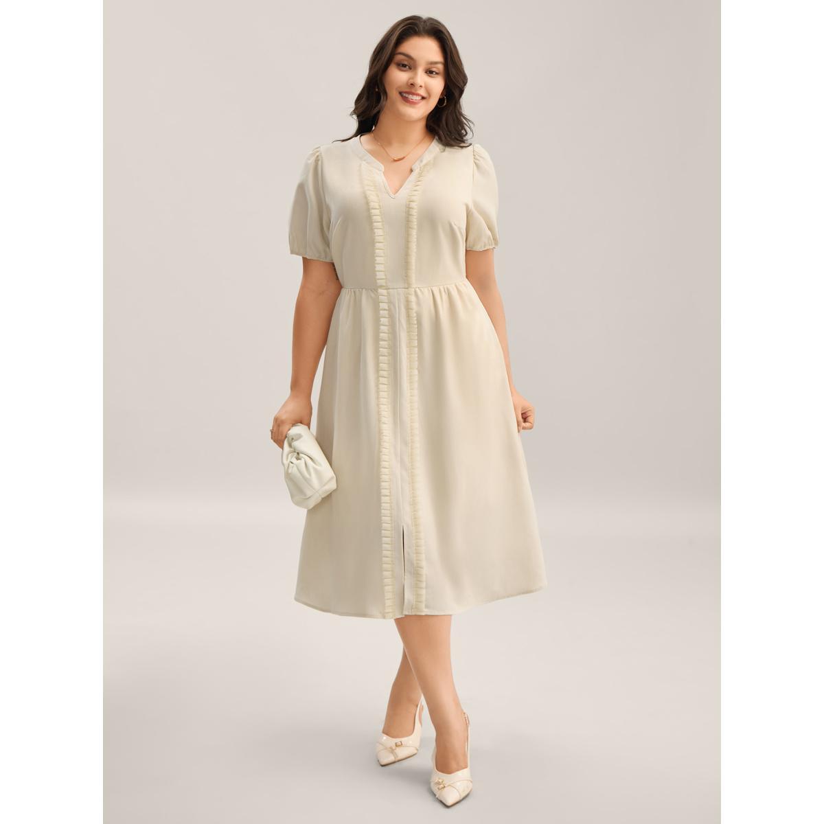 Plus Size Lace Trim Solid Pockets Midi Dress Beige Women Flat collar Short sleeve Curvy BloomChic 12/L Product Image