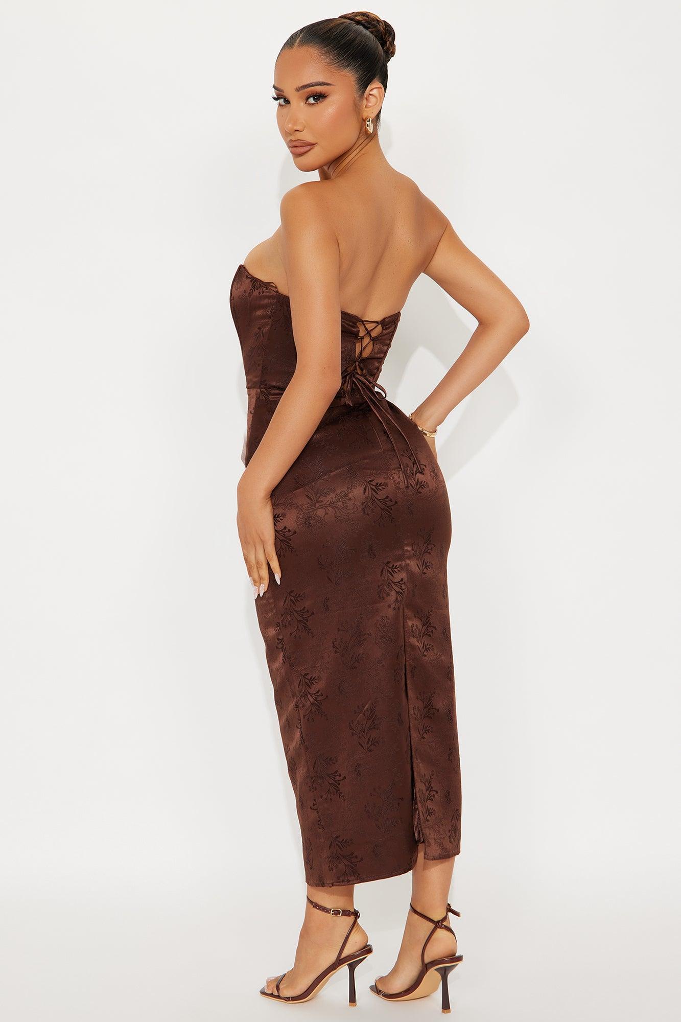 Elena Jacquard Midi Dress - Brown Product Image