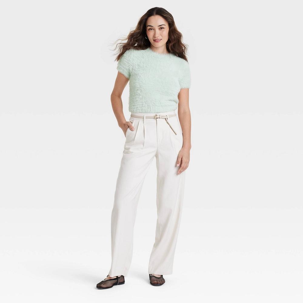 Womens Fuzzy Short Sleeve Crewneck Pullover Sweater - A New Day Mint XL Product Image