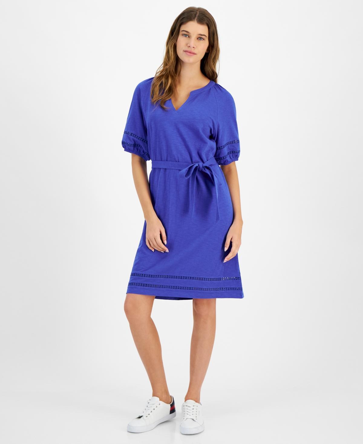 Tommy Hilfiger Puff Sleeve Belted Dress (Provence) Women's Dress Product Image