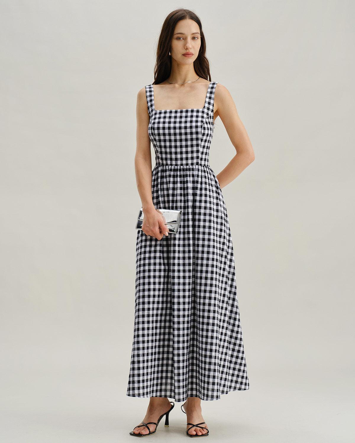 Black Plaid Square Neck Pocket Slip Maxi Dress Product Image