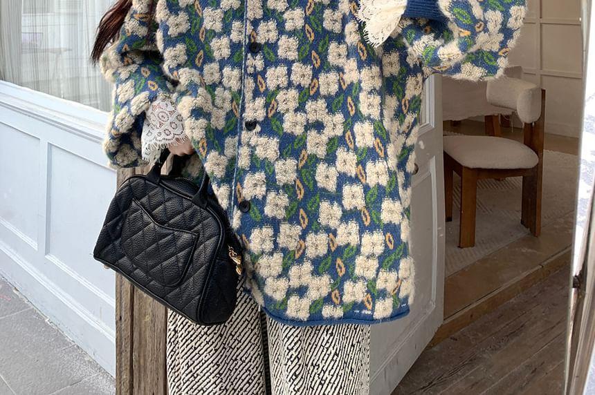 Round Neck Floral Button Cardigan / Long-Sleeve Plain Lace Blouse / Mid Rise Patterned Wide Leg Pants Product Image