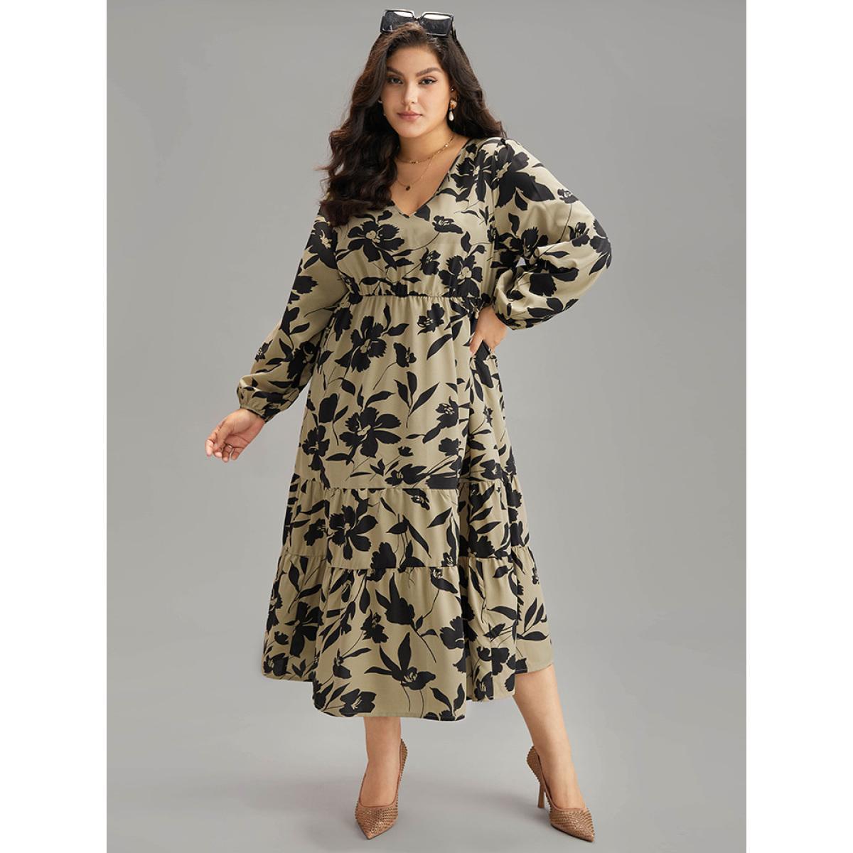 Plus Size Silhouette Floral Print Elastic Wais Dress LightBrown Women Elegant Elastic cuffs V-neck Sleeveless Curvy Midi Dress BloomChic 30/6X Product Image