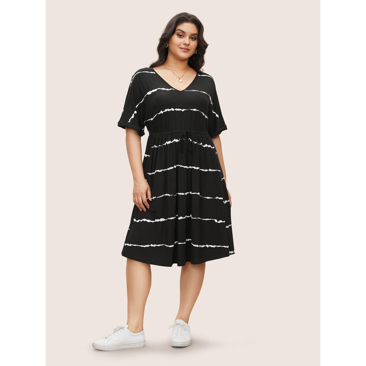Plus Size Tie Dye Roll Dolman Sleeve Pocket Gathered Knot Striped Dress Black Women Casual Non V-neck Short sleeve Curvy Midi Dress BloomChic 12/L Product Image