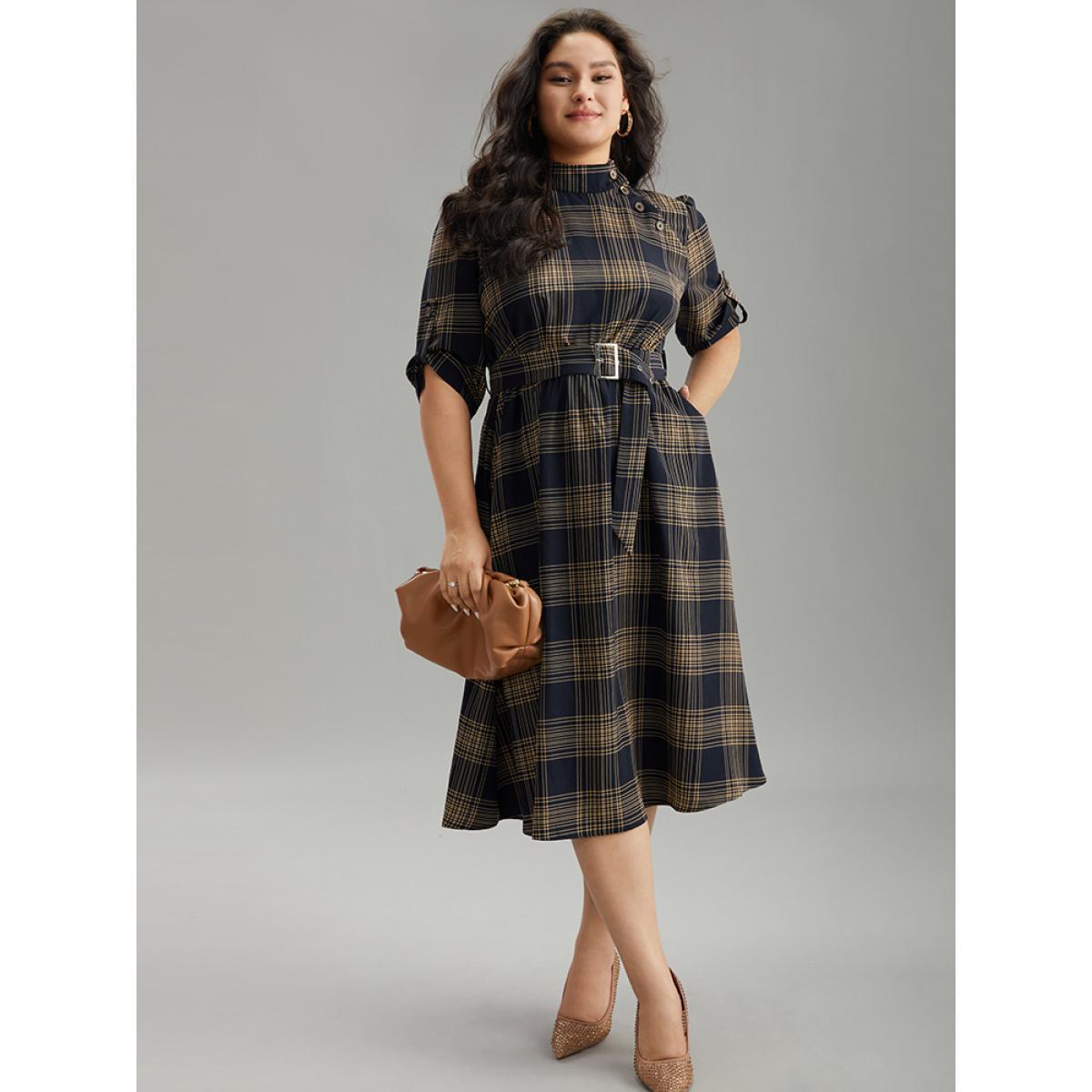 Plus Size Mock Neck Plaid Buckle Detail Belted Dress Indigo Women Office Belted Mock Neck Elbow-length sleeve Curvy Midi Dress BloomChic 10/M Product Image