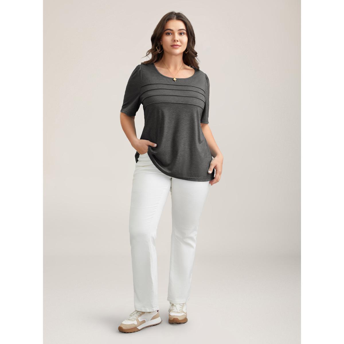 Plus Size Seamed Round Neck Fitted T-Shirt DarkGray Women Casual Tucked seam Round Neck Everyday T-shirts BloomChic 28/5X Product Image