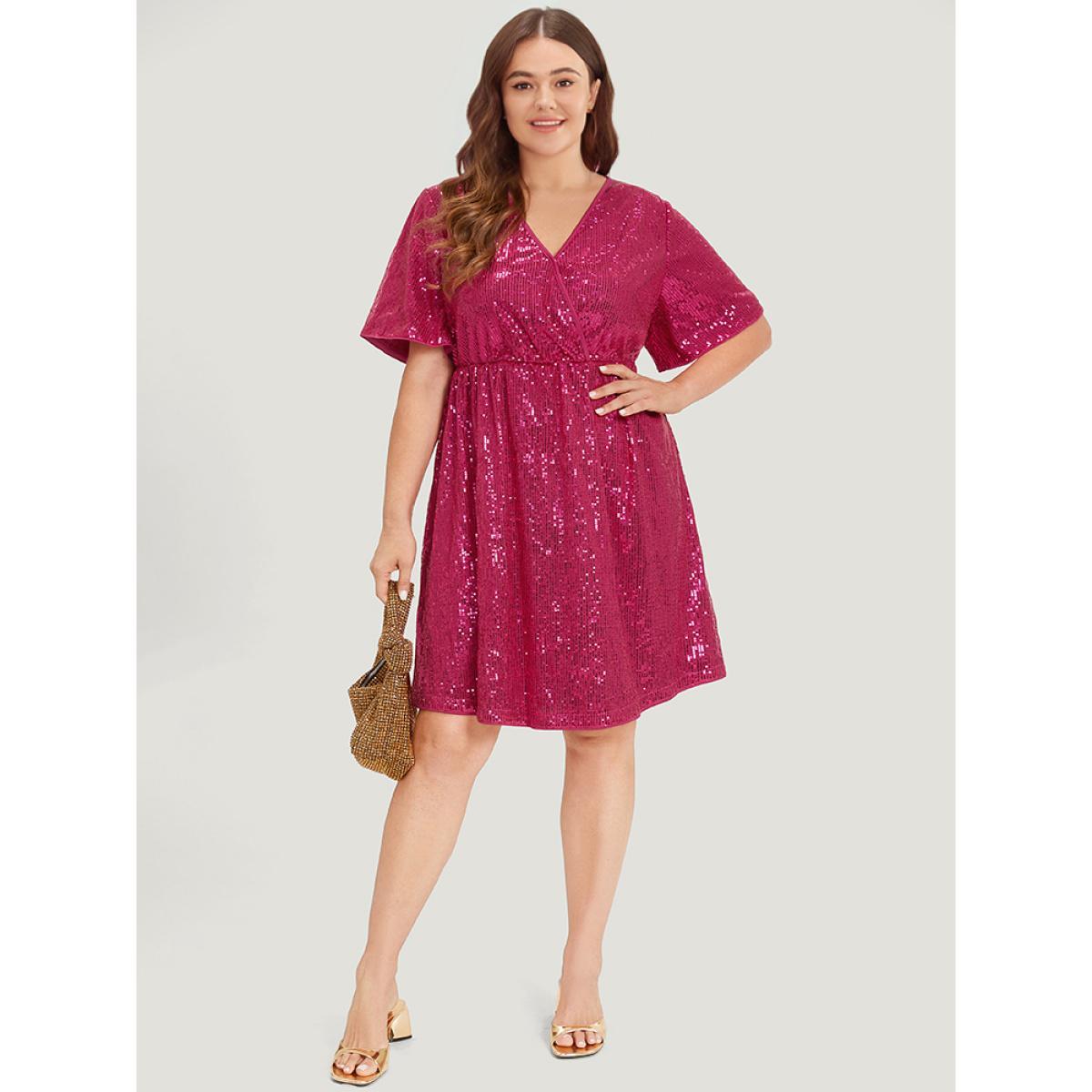 Plus Size Sequin Overlap Collar Elastic Waist Dress RedViolet Women Party Wrap Overlap Collar Short sleeve Curvy Midi Dress BloomChic 28/5X Product Image
