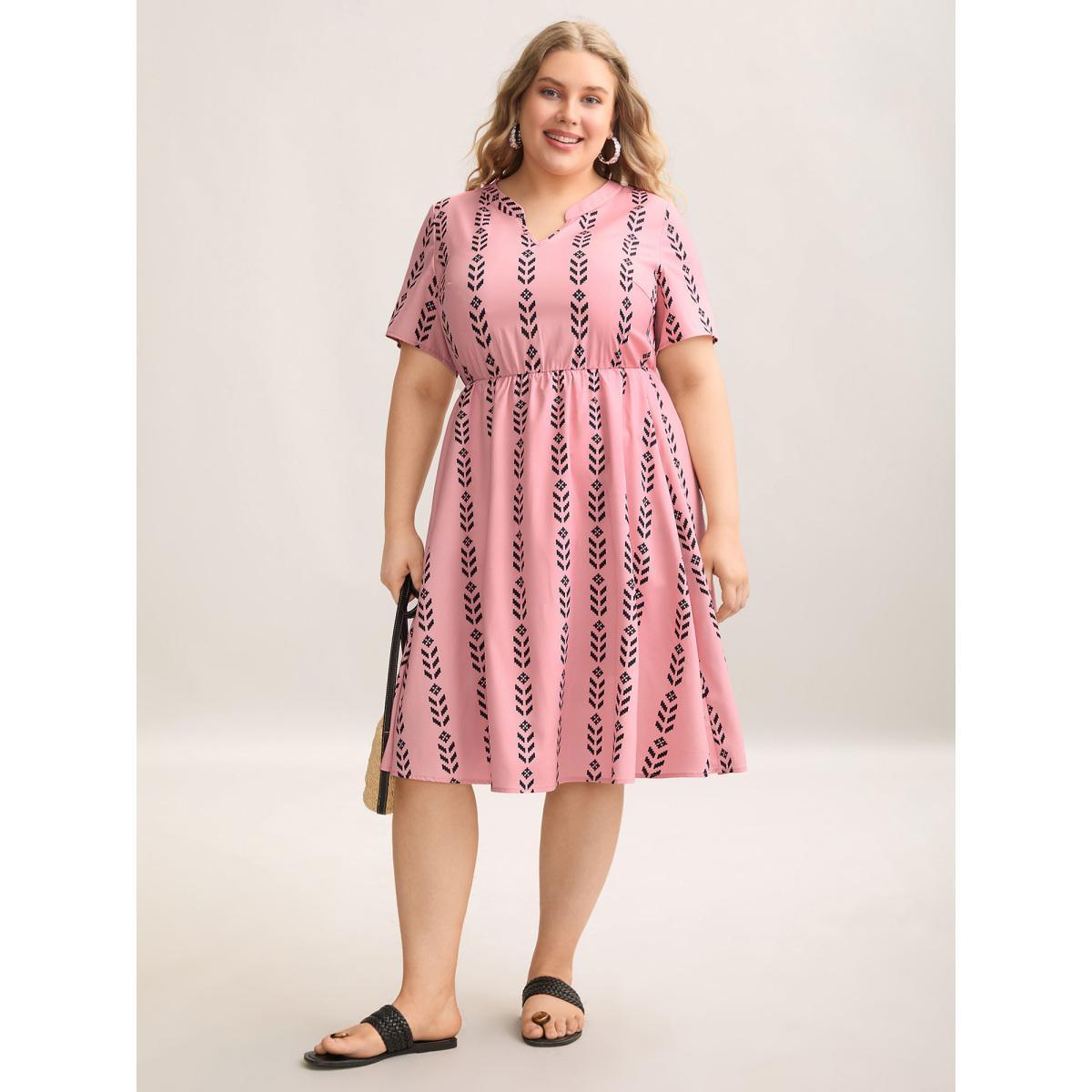 Plus Size Boho Striped Split Neck Midi Dress Blush Women Resort Non Flat collar with V-notch Short sleeve Curvy BloomChic 18-20/2X Product Image