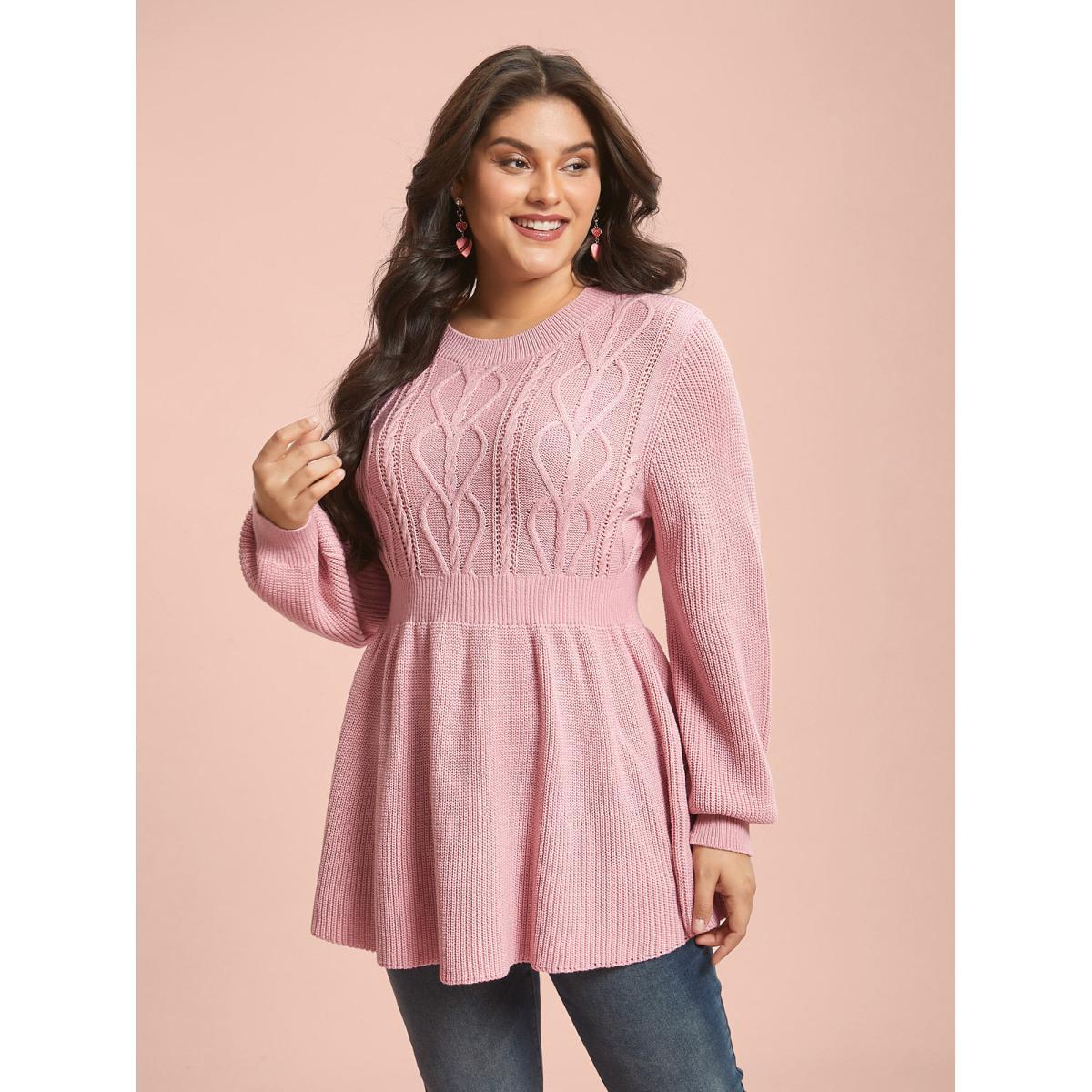 Plus Size Textured Cable-Knit Waist Cinched Pullover Nudepink Women Elegant Bodycon Long Sleeve Round Neck Everyday Pullovers BloomChic 18-20/2X Product Image