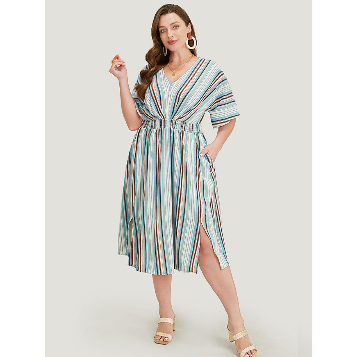 Plus Size Striped Contrast Shirred Split Hem Batwing Sleeve Pocket Dress Blue Women Vacation Contrast V-neck Half Sleeve Curvy Midi Dress BloomChic 22-24/3X Product Image