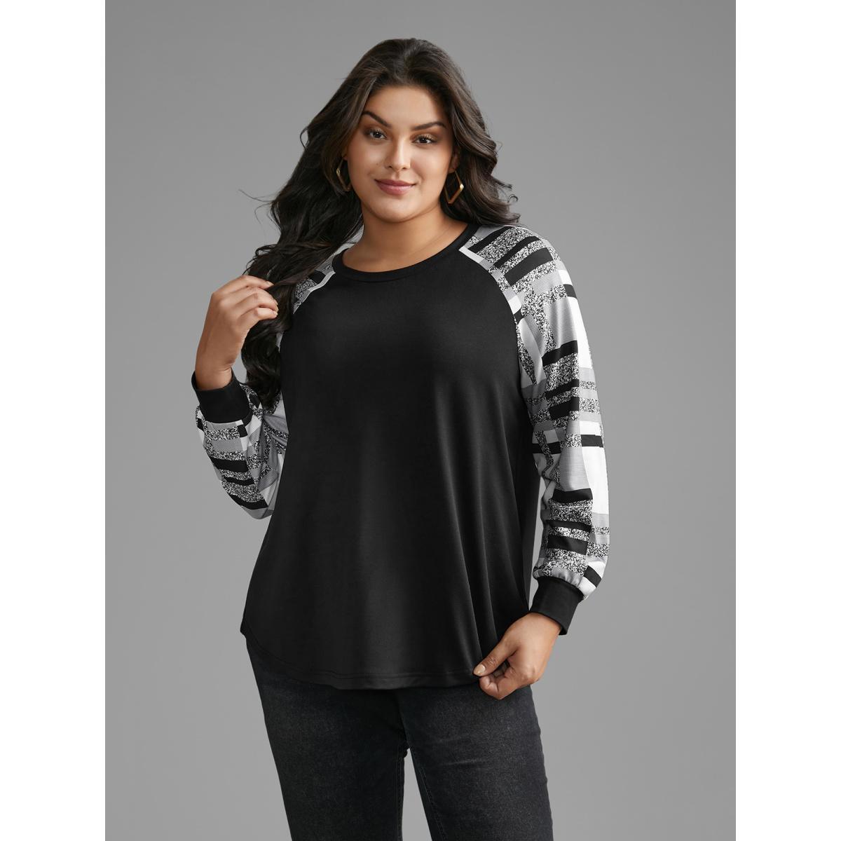 Plus Size Colorblock Contrast Raglan Sleeve Sweatshirt Women Black Casual Contrast Loose Round Neck Everyday Sweatshirts BloomChic 18-20/2X Product Image