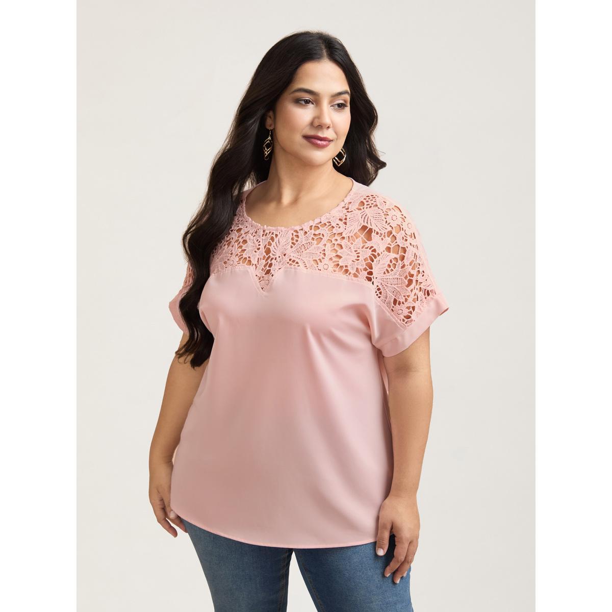 Plus Size Nudepink Sheer Lace Neck Half Sleeve Shirt Women Elegant Short sleeve Round Neck Everyday Blouses BloomChic 14-16/1X Product Image