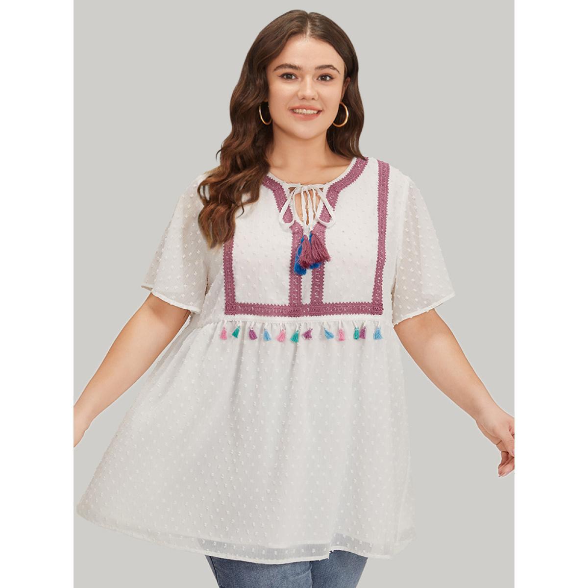 Plus Size White Polka Dot Tassels Ties Mesh Patchwork Contrast Blouse Women Vacation Short sleeve V-neck Dailywear Blouses BloomChic 18-20/2X Product Image