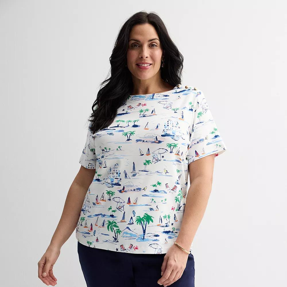 Plus Size Croft & Barrow® Button Shoulder Tee, Women's, Size: 2XL, Coastal Scene Product Image