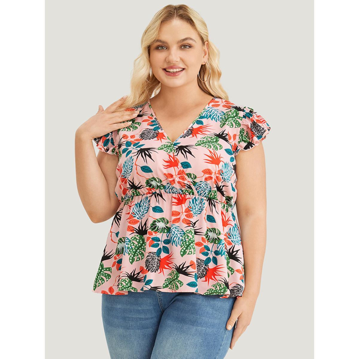 Plus Size Watermelon Plant Print Cap Sleeve Ruffle Wrap Blouse Women Elegant Cap Sleeve V-neck Dailywear Blouses BloomChic 12/L Product Image