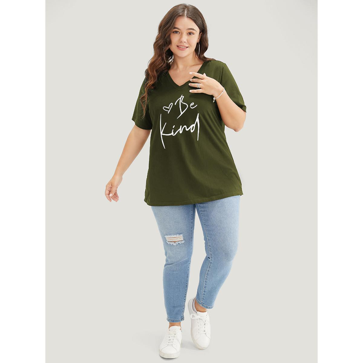 Plus Size Letter & Heart Print V Neck T-shirt ArmyGreen Women Casual Letter Dailywear T-shirts BloomChic 14-16/1X Product Image