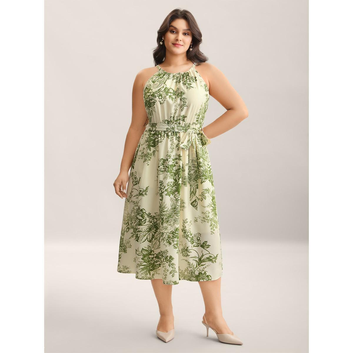 Plus Size Spring Time Florals Sleeveless Midi Dress Moss Women Elegant Gathered Halter neck Sleeveless Curvy BloomChic 26/4X Product Image