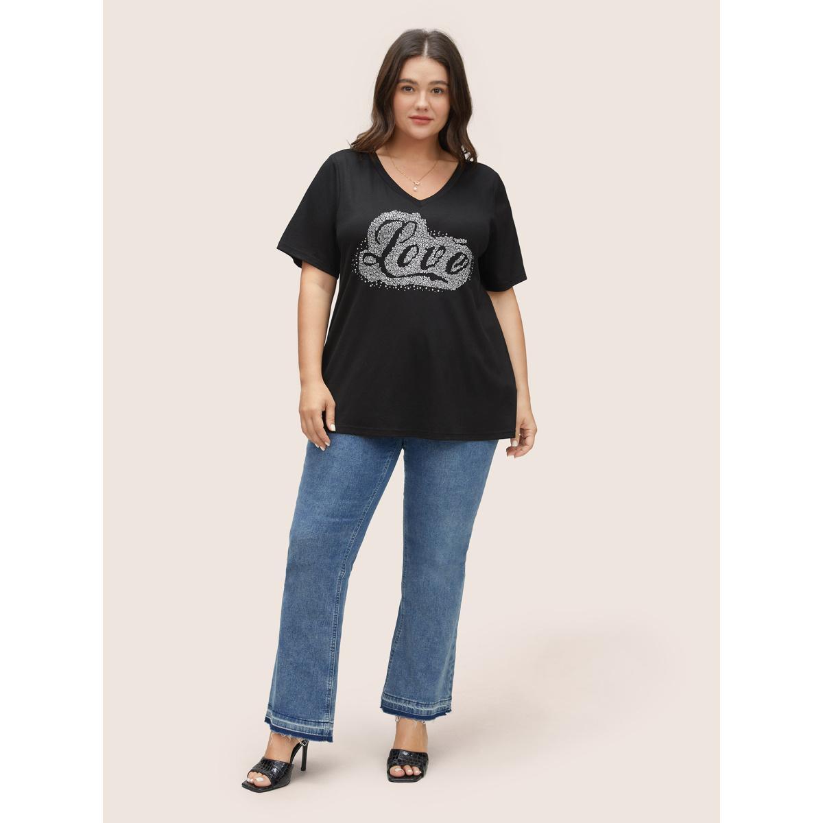 Plus Size Love Rhinestone V Neck T-shirt Black Women Casual Rhinestone detailing Art&design Everyday T-shirts BloomChic 10/M Product Image