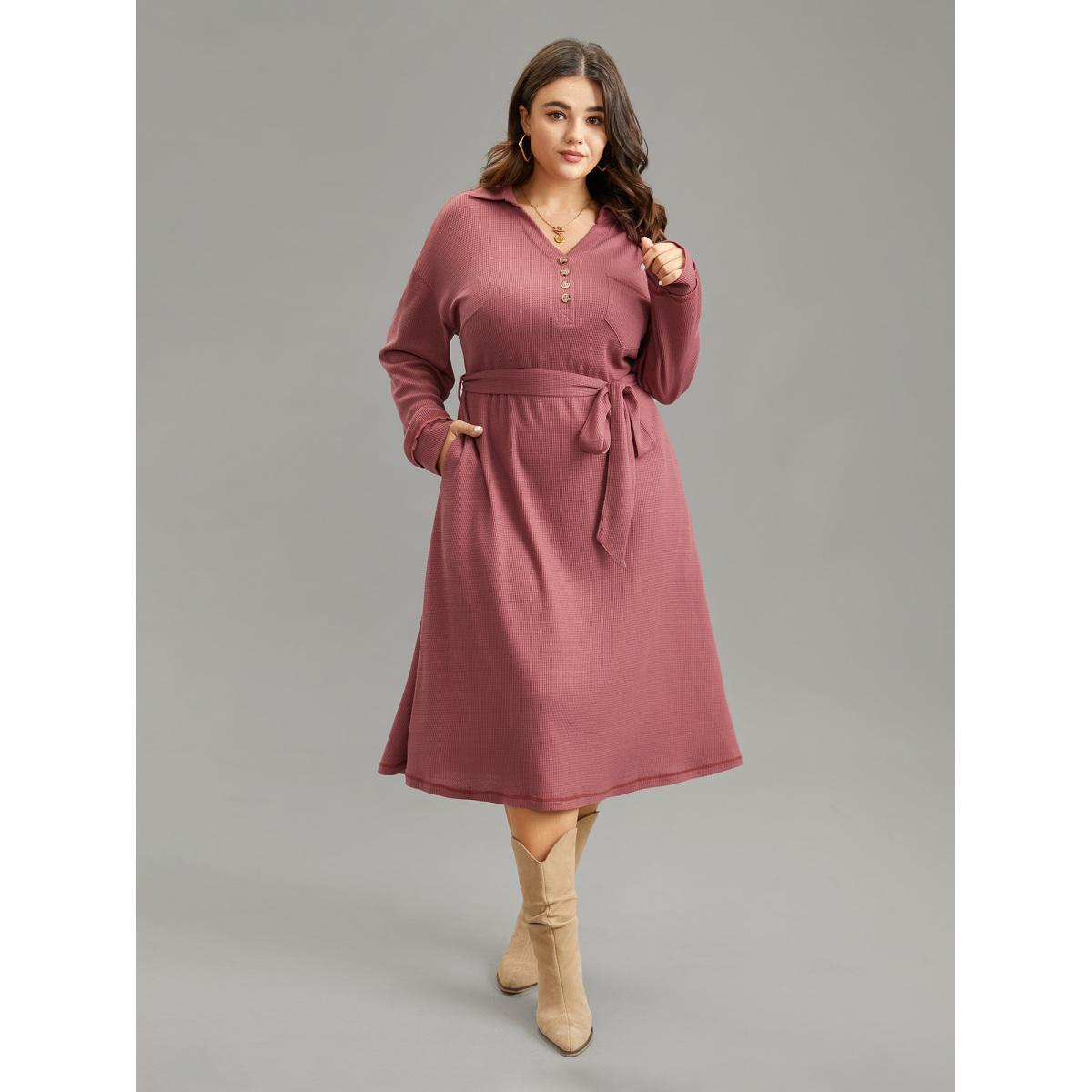 Plus Size Waffle Knit Belted Lapel Collar Pocket Dress Rouge Women Casual Waffle Knit Lapel Collar Long Sleeve Curvy Midi Dress BloomChic 18-20/2X Product Image