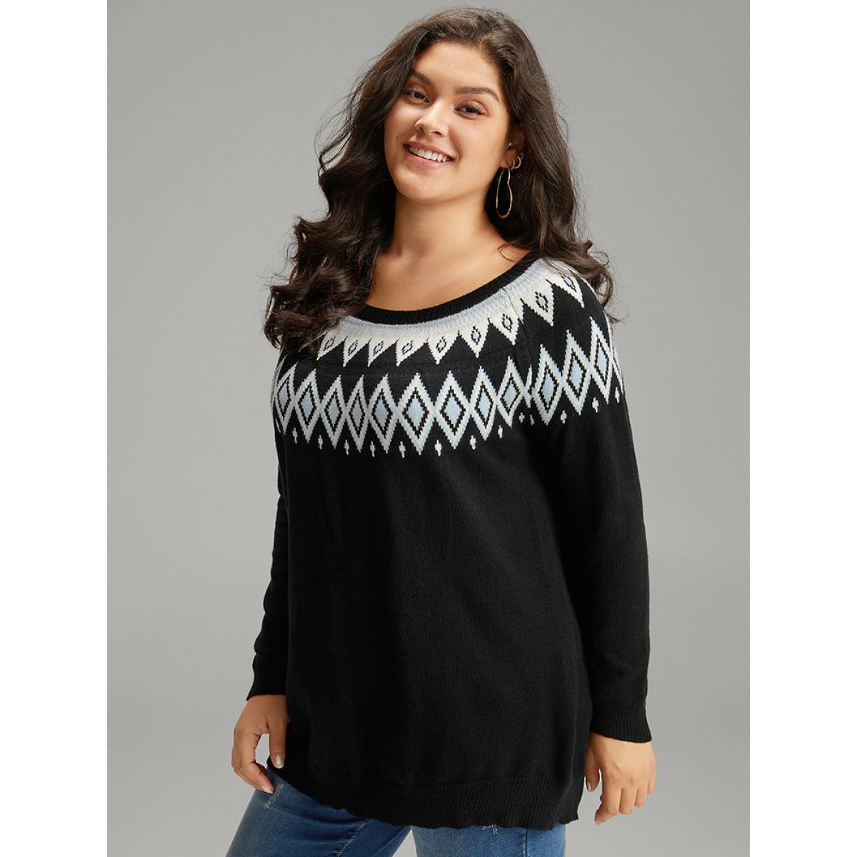 Plus Size Supersoft Essentials Geo Contrast Raglan Sleeve Pullover Black Women Casual Loose Long Sleeve Round Neck Dailywear Pullovers BloomChic 18-20/2X Product Image