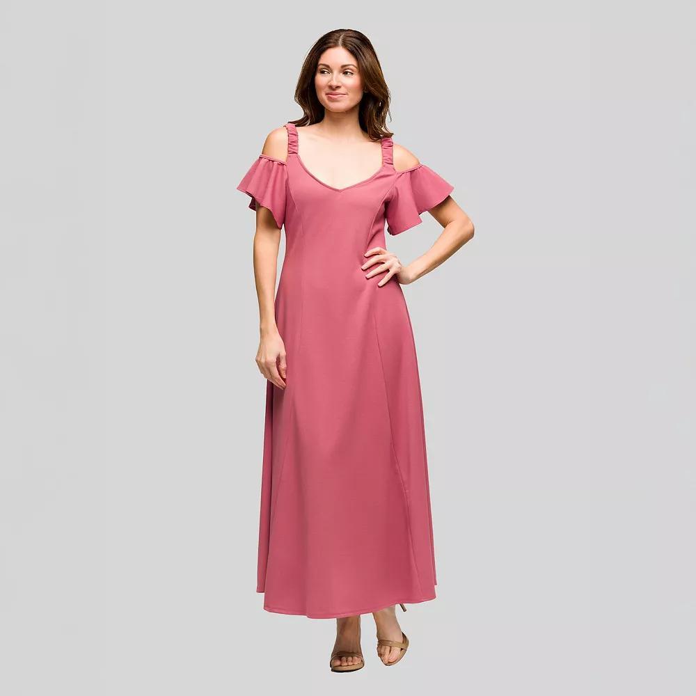 Women's 24Seven Comfort Apparel Cold Shoulder Ruffle Sleeve A-Line Maxi Dress, Size: 1XL, Blue Product Image