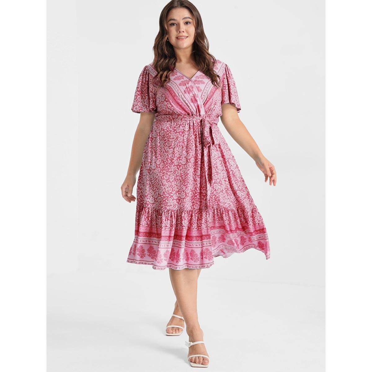 Plus Size Ditsy Floral Ruffled Knotted Wrap Dress Pink Women Elegant Ruffles V-neck Short sleeve Curvy Knee Dress BloomChic 18-20/2X Product Image