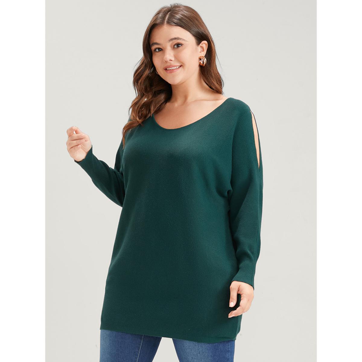 Plus Size Solid Soft Sexy Yarn Knit Dolman Sleeve Cold Shoulder Knit Top Cyan Women Elegant Loose Long Sleeve Scoop Neck Dailywear Pullovers BloomChic 14-16/1X Product Image