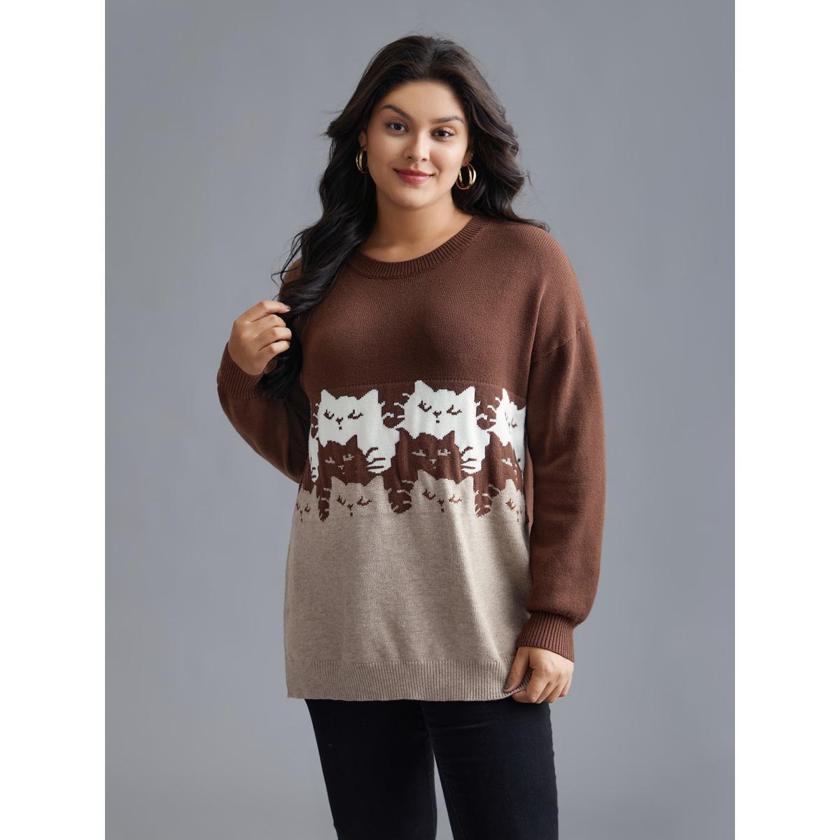 Plus Size Cat Contrast Drop Shoulder Pullover Browncoffeecolor Women Casual Loose Long Sleeve Round Neck Everyday Pullovers BloomChic 28/5X Product Image