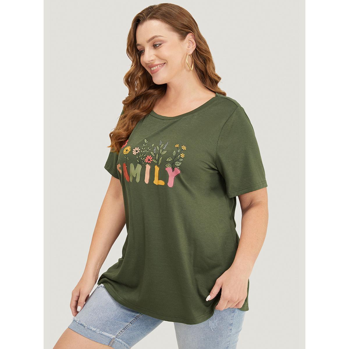 Plus Size Floral And Letter Graphic Drop Shoulder Tee ArmyGreen Women Casual Letter Dailywear T-shirts BloomChic 18-20/2X Product Image
