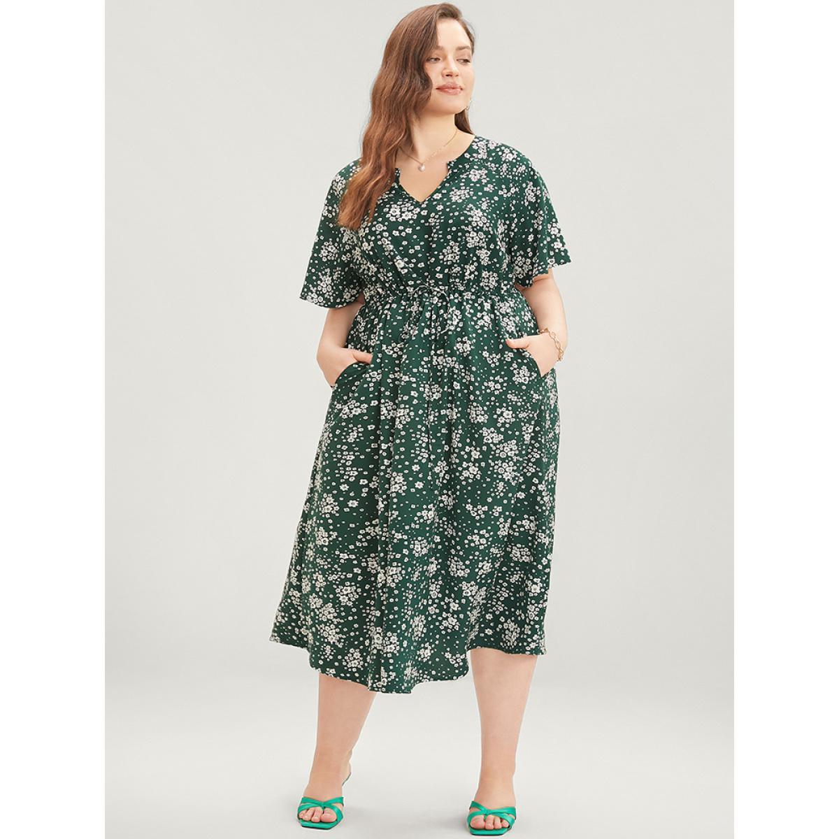 Plus Size Floral Print Raglan Sleeve Pocket Drawstring Ruffles Dress ArmyGreen Women Elegant Drawstring V-neck Short sleeve Curvy Midi Dress BloomChic 14-16/1X Product Image
