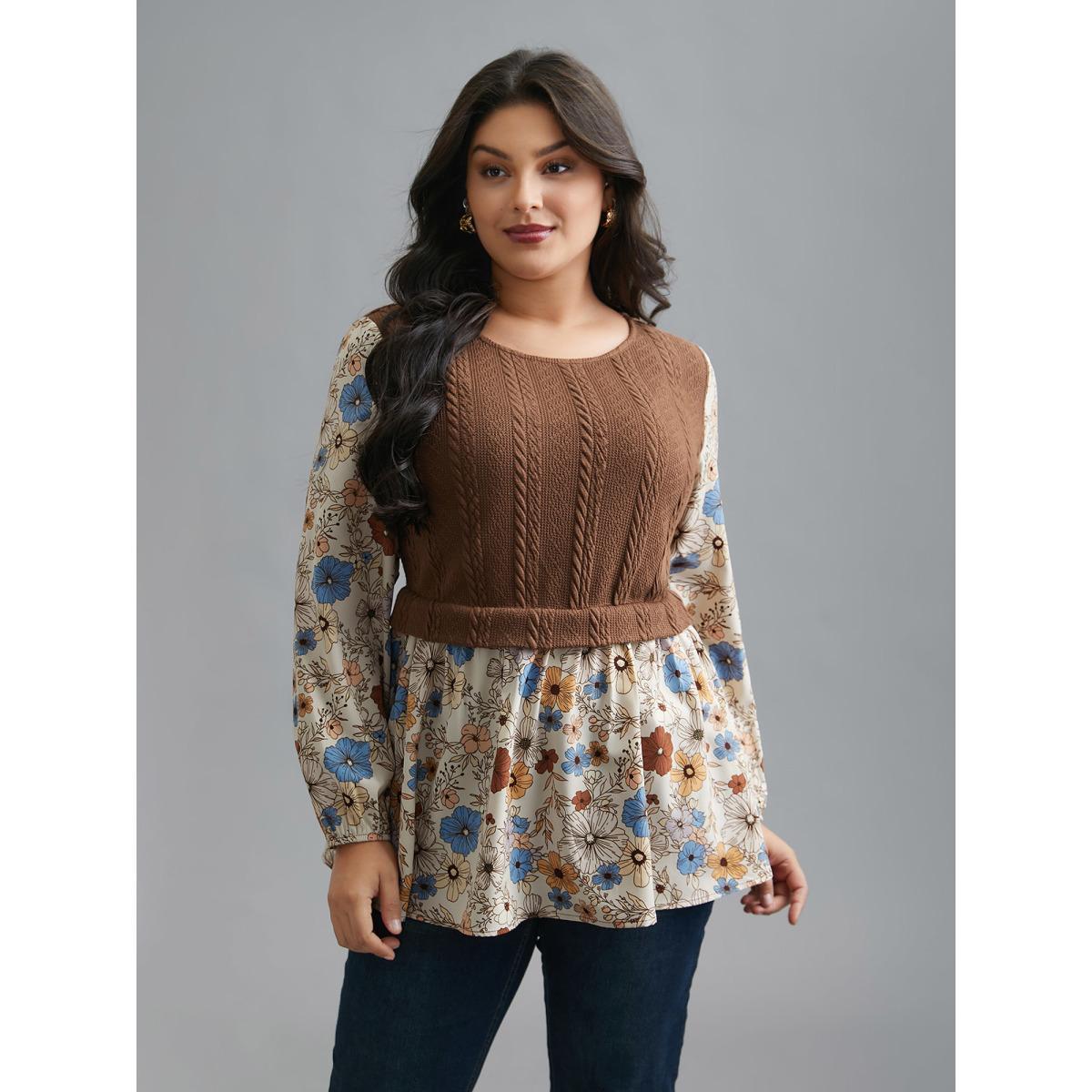 Plus Size Multicolor Mixed Texture Floral Combined Blouse Women Elegant Long Sleeve Round Neck Everyday Blouses BloomChic 26/4X Product Image