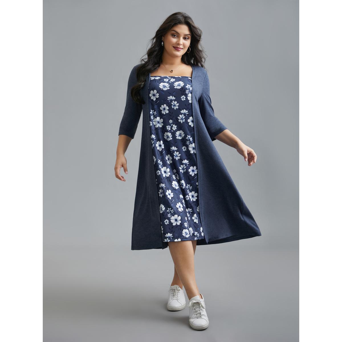 Plus Size 2-In-1 Square Neck Floral Dress DarkBlue Women Casual Patchwork Knit Dresses Bloomchic 10/M Product Image