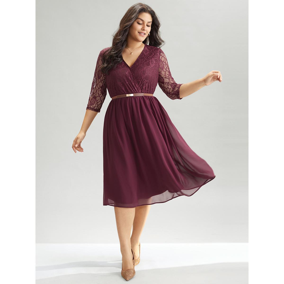 Plus Size Chiffon Crochet Lace Mesh Surplice Neck Dress Burgundy Women Elegant Texture Overlap Collar Elbow-length sleeve Curvy Midi Dress BloomChic 14-16/1X Product Image