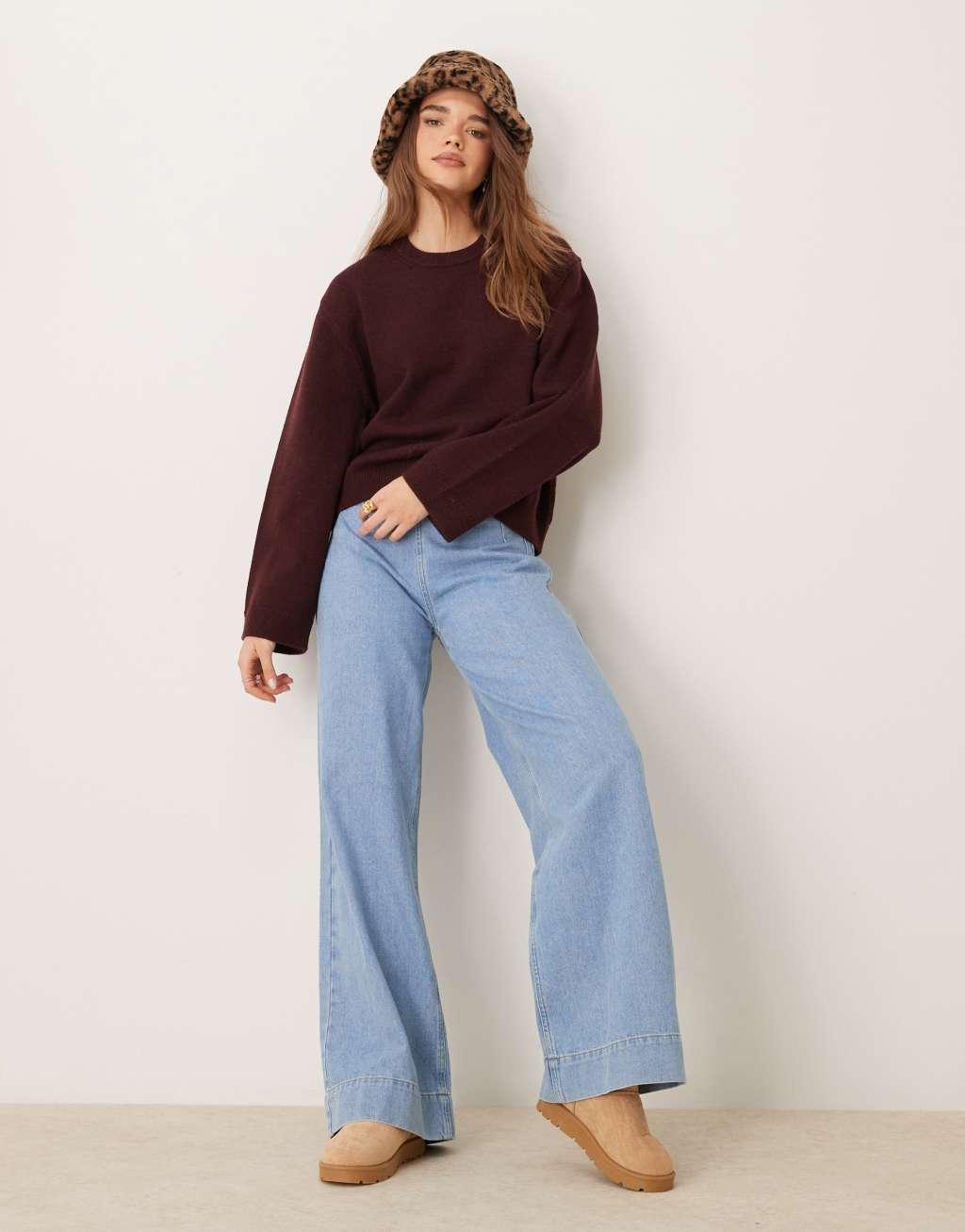 GINA TRICOT crew neck knit sweater with wide sleeves in dark wine burgundy Product Image