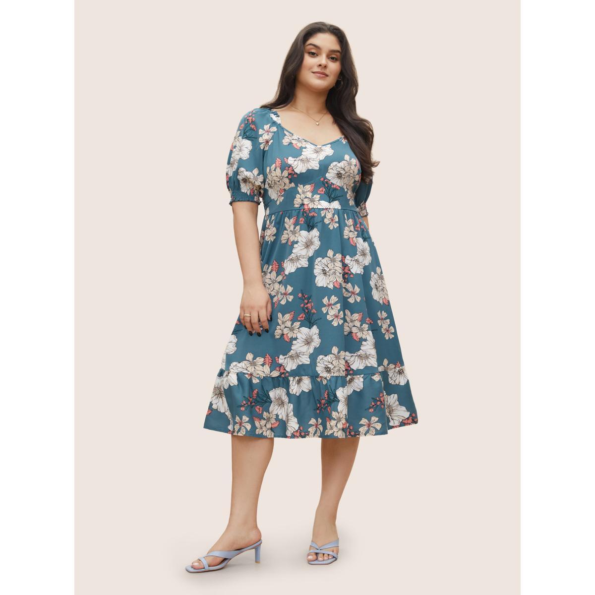 Plus Size Floral Frill Trim Shirred Pocket Square Neck Dress Stone Women Elegant Non Square Neck Short sleeve Curvy Midi Dress BloomChic 26/4X Product Image