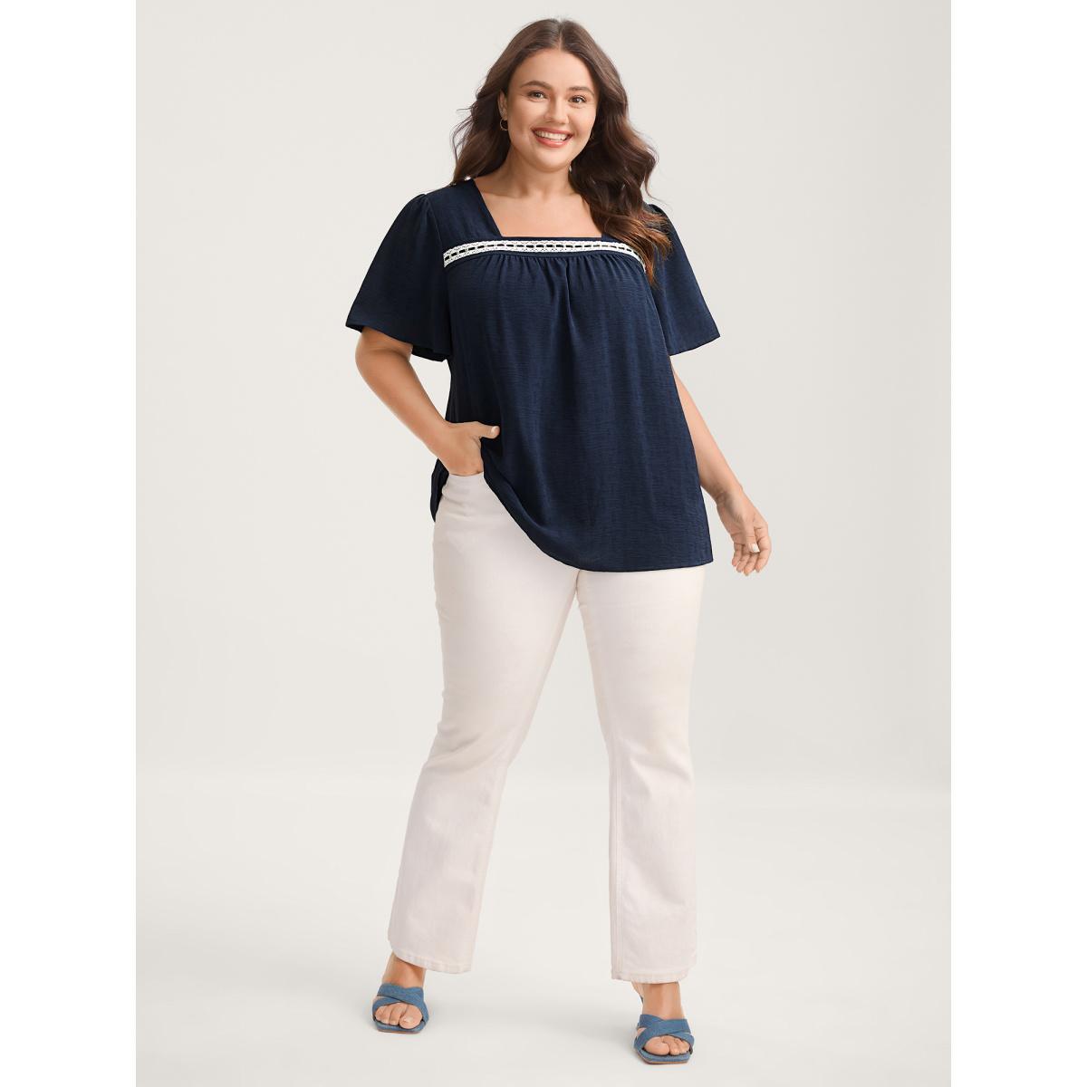Plus Size Indigo Square Neck Lace Pleated Blouse Women Short sleeve Square Neck Everyday-Elegant Blouses BloomChic 18-20/2X Product Image
