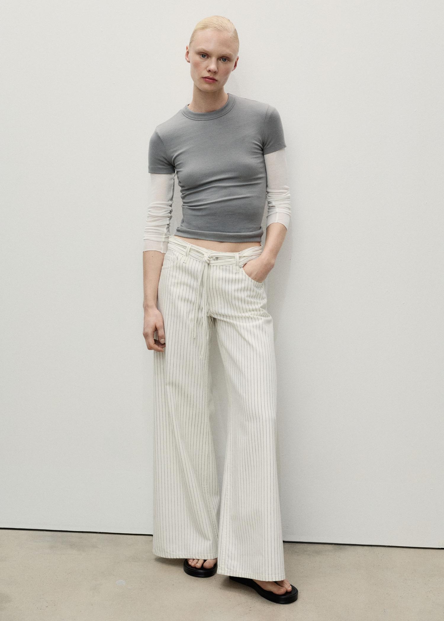 Wide-leg jeans with stripes and belt - Women | MANGO USA Product Image