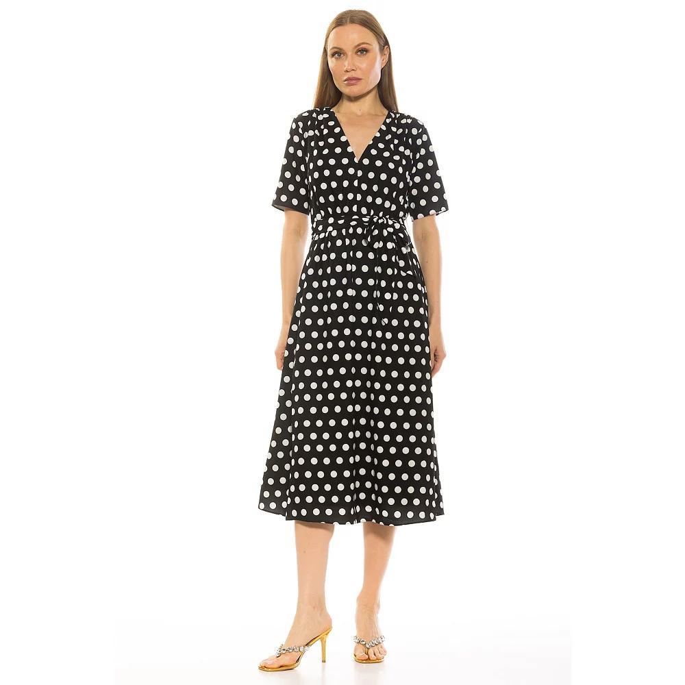 Women's ALEXIA ADMOR Larisa Fit & Flare Waist Tie Midi Dress, Size: 6, Black White Polk Dot Product Image