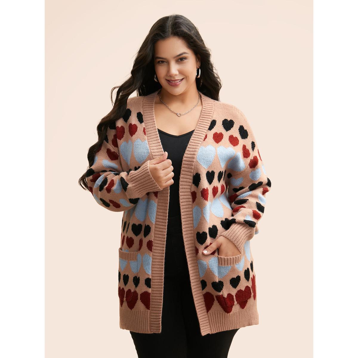 Plus Size Contrast Heart Patch Pocket Cardigan Nudepink Women Casual Loose Long Sleeve Everyday Cardigans BloomChic 10/M Product Image