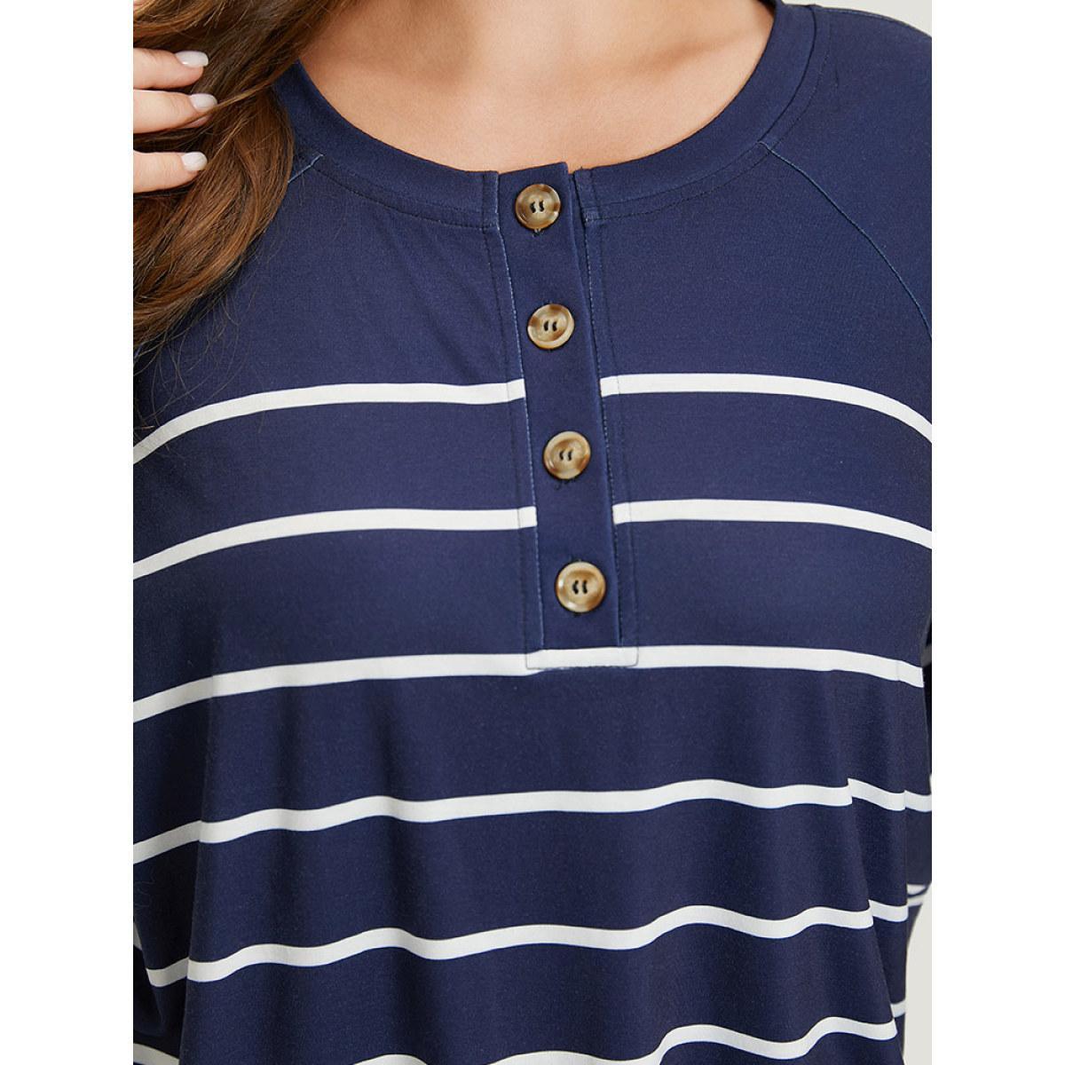 Plus Size Striped Button Up Crew Neck Raglan Sleeve T-shirt Blue Women Casual Button Striped Open Front Dailywear T-shirts BloomChic 10/M Product Image
