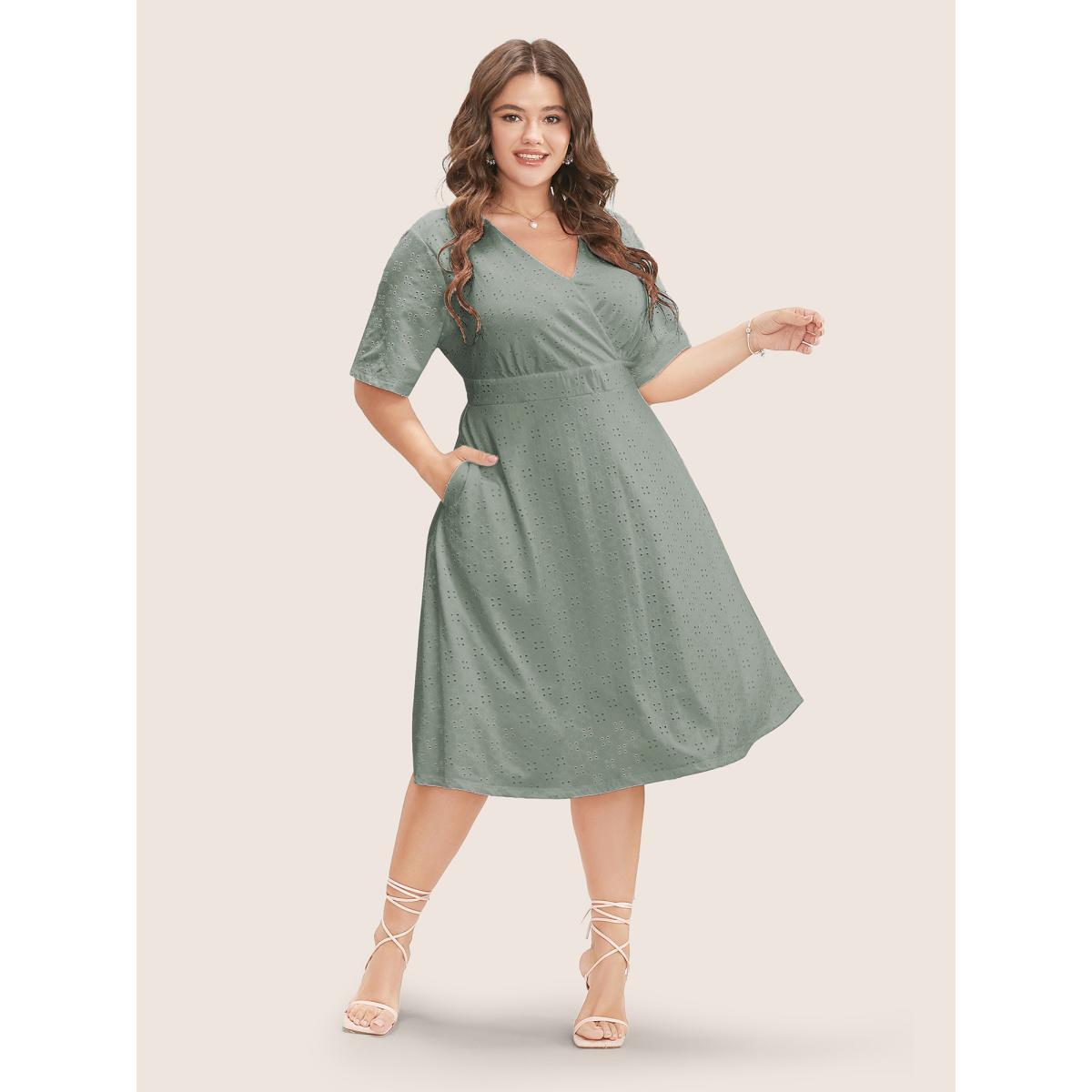 Plus Size Solid Pocket Laser Cut Surplice Neck Knee Dress Sage Women Elegant Pocket V-neck Short sleeve Curvy Knee Dress BloomChic 14-16/1X Product Image