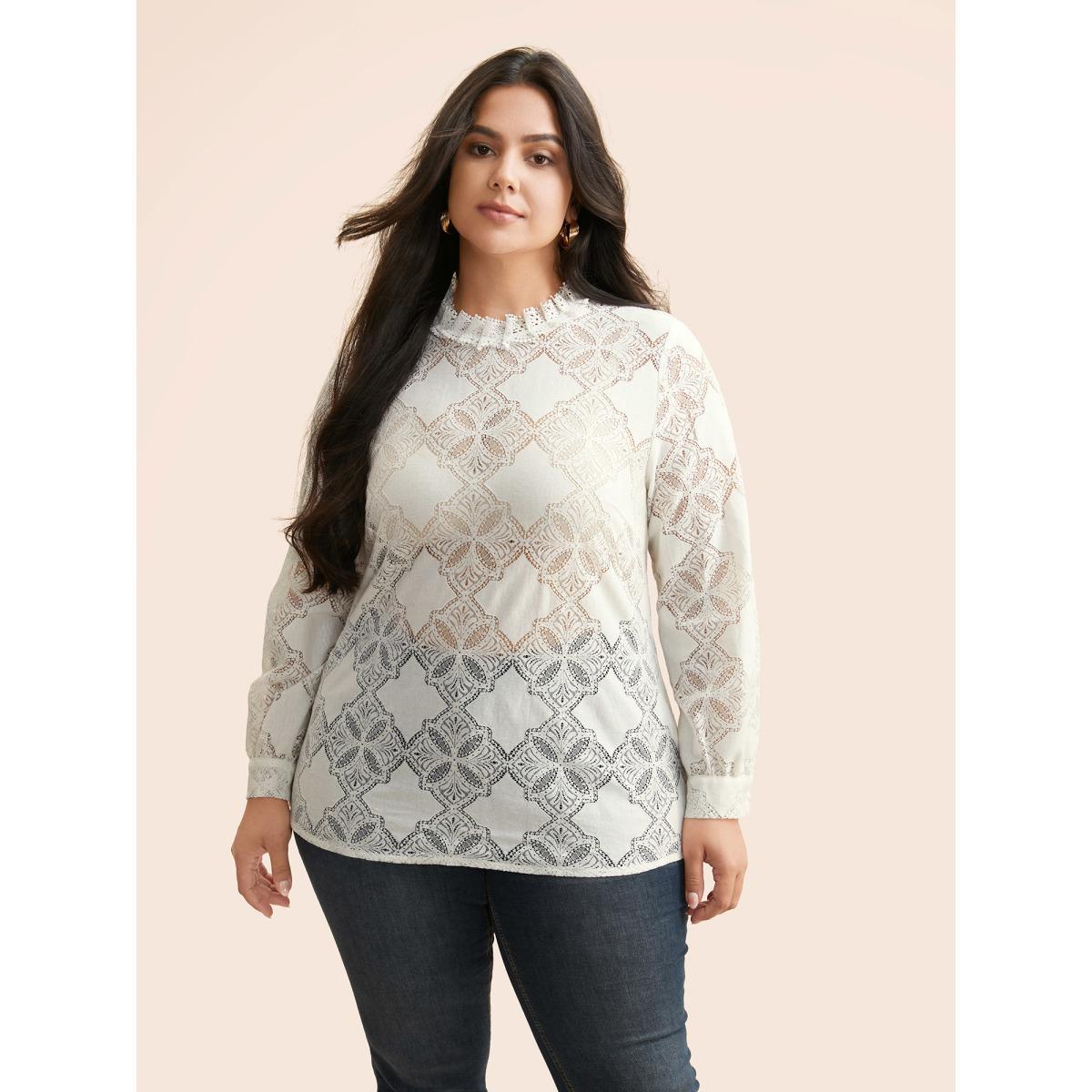 Plus Size Ivory Lace Panel Mesh Stand Collar Blouse Women Elegant Long Sleeve Stand-up collar Everyday Blouses BloomChic 10/M Product Image