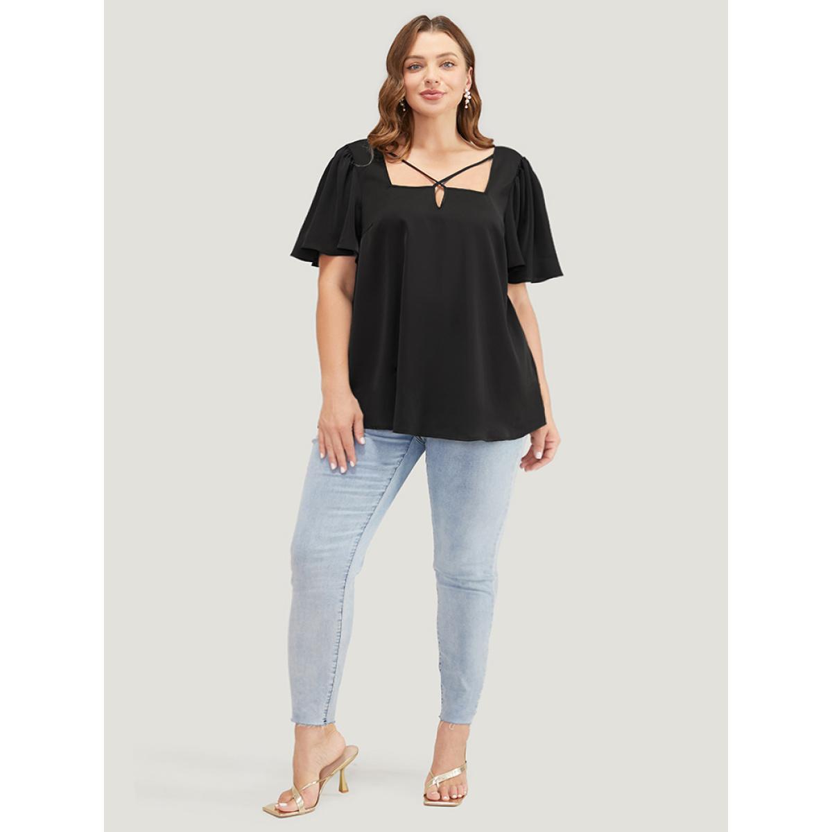 Plus Size Black Solid Crisscross Notched Square Neck Ruffle Sleeve Blouse Women Elegant Short sleeve Notched collar Dailywear Blouses BloomChic 30/6X Product Image