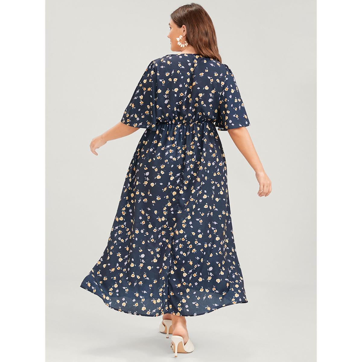 Plus Size Floral Print Split Pocket Wrap Button Ruffled Maxi Dress Navy Women Elegant Printed V-neck Half Sleeve Curvy Maxi Dress BloomChic 18-20/2X Product Image