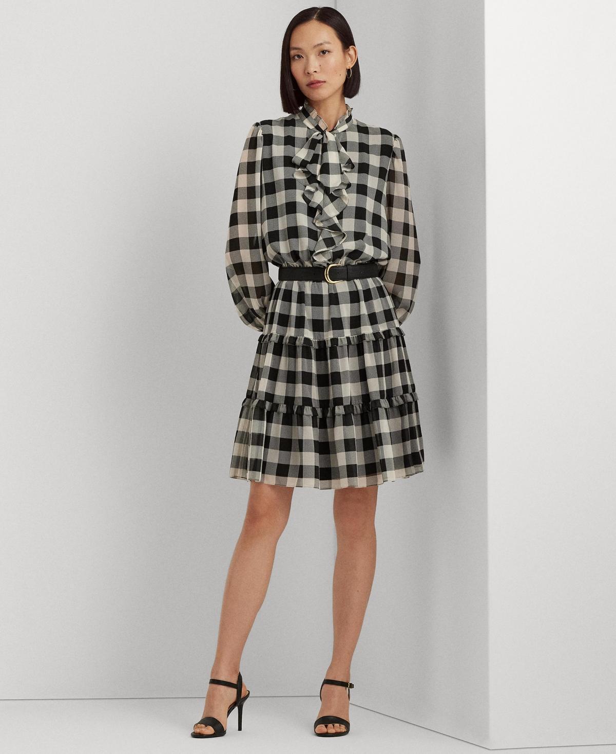 Lauren Ralph Lauren Buffalo Check Ruffled Georgette Dress (Cream/Black) Women's Dress Product Image